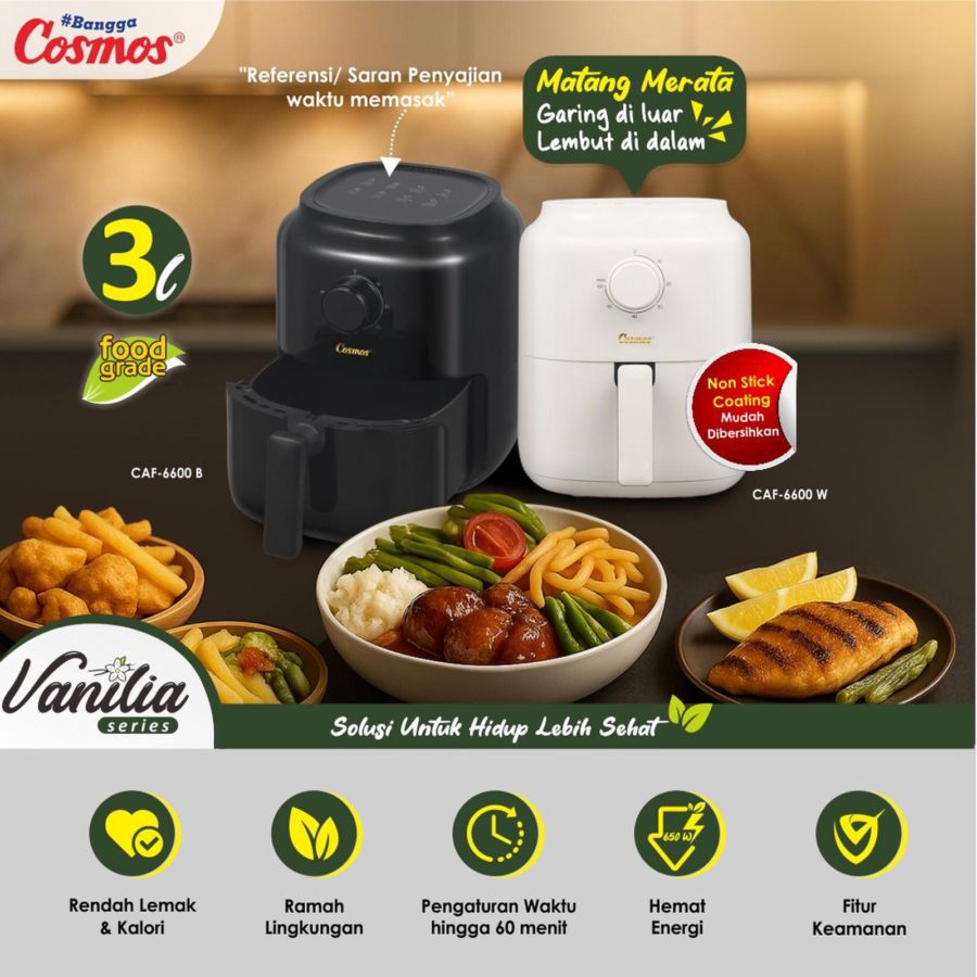 Cosmos Air Fryer Vanilla Series Kapasitas 3L 650W Black CAF6600B 1pcs