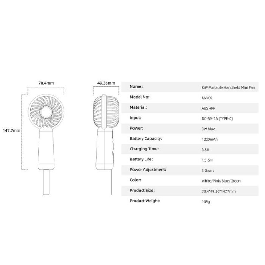 KiiP Portable Handheld Mini Fan FAN02 Blue 1pcs