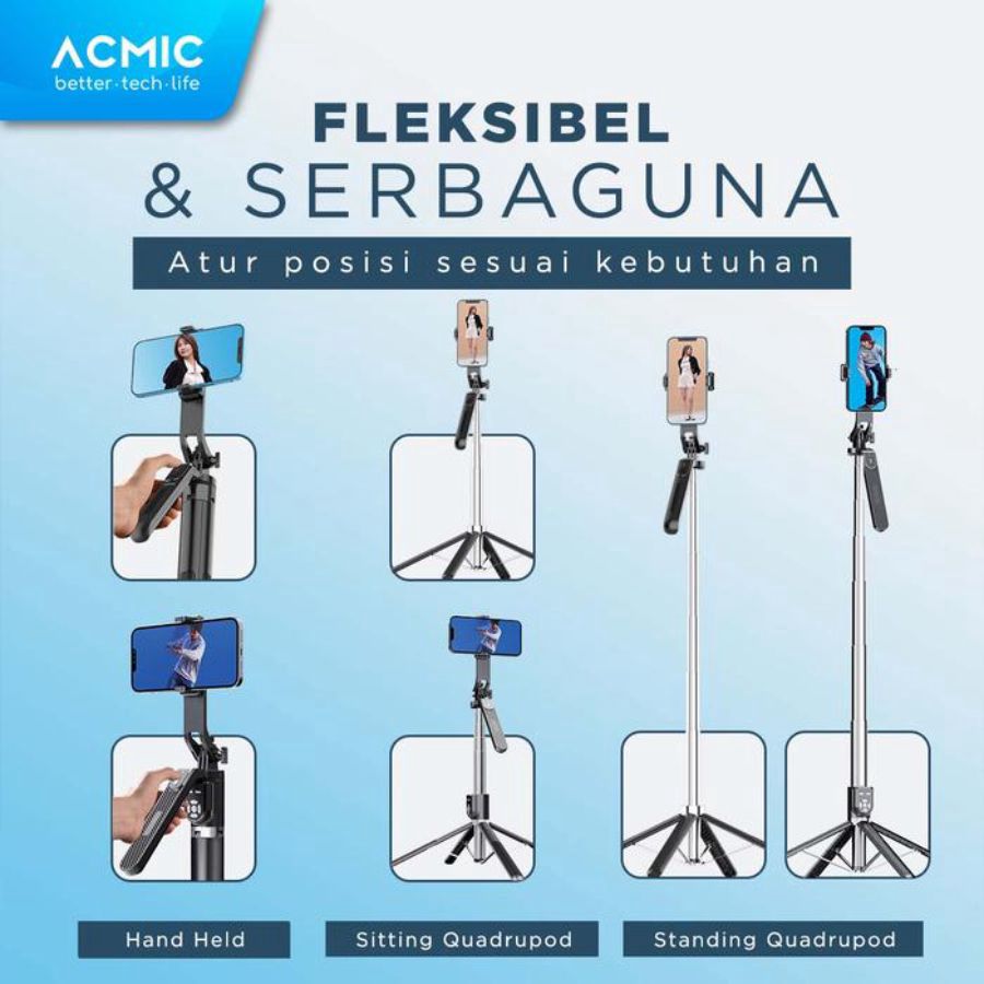 ACMIC 360° Rotating Moving Tongsis Tripod Quadpod 4 Kaki Bluetooth Remote Selfie Stick180 cm QR18 1pcs