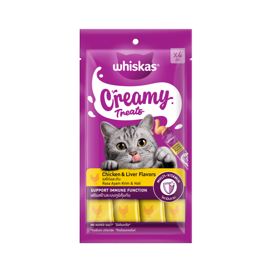 Whiskas Creamy Treats Chicken & Liver Snack Kucing 4 pcs x 12 gram