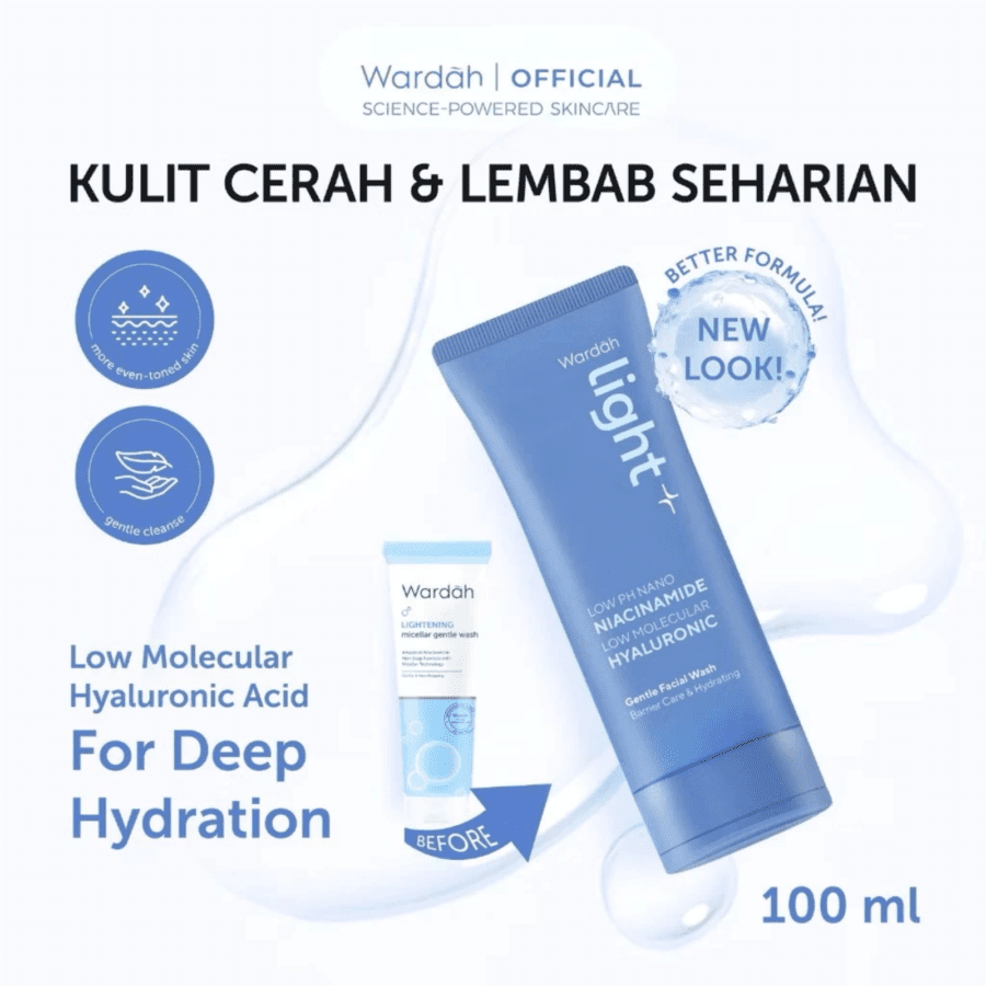 Wardah Light+ Low pH Nano Niacinamide Low Molecular Hyaluronic Gentle Facial Wash 100ml