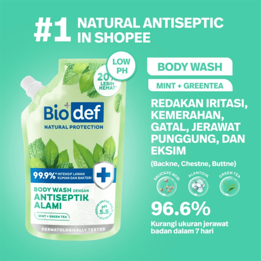 Biodef Natural Protection Mint + Green Tea Antibacterial Body Wash Refill Pouch