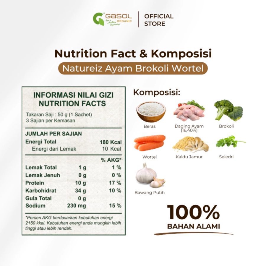 GASOL Organic Natureiz Rice Booster Ayam, Brokoli, dan Wortel MPASI 150gram
