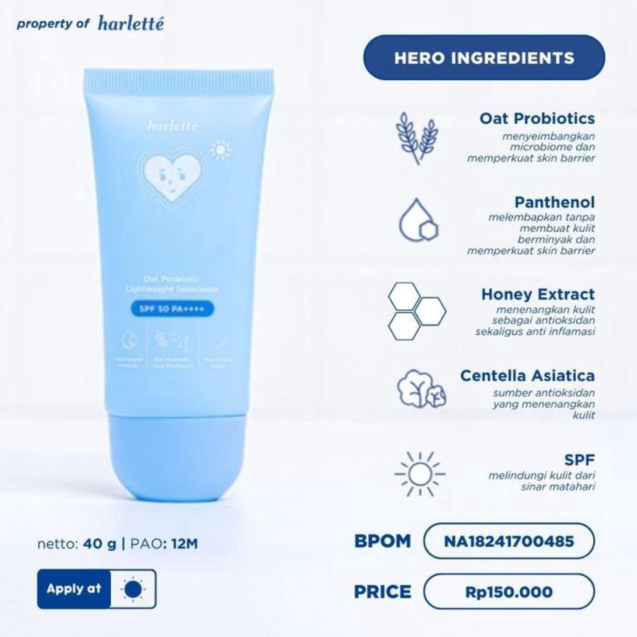 Harlette Oat Probiotic Lightweight Sunscreen Spf 50 Pa++++ 1pcs