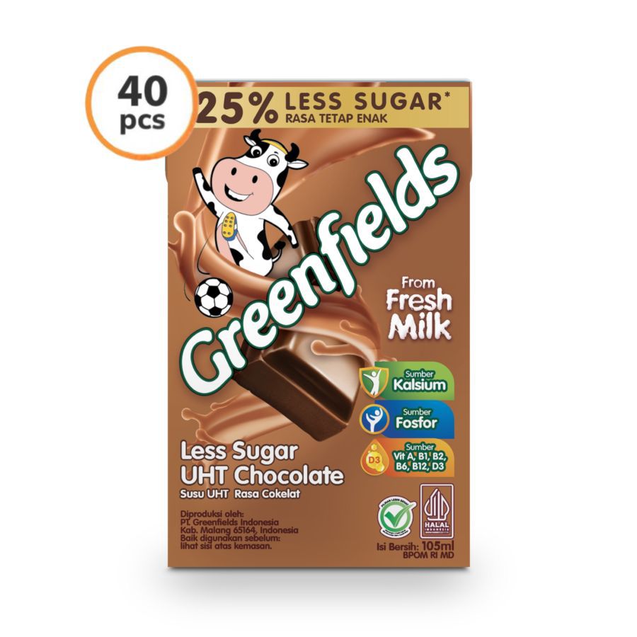 Greenfields Chocolate Susu UHT Less Sugar Dus 105 ml 40pcs