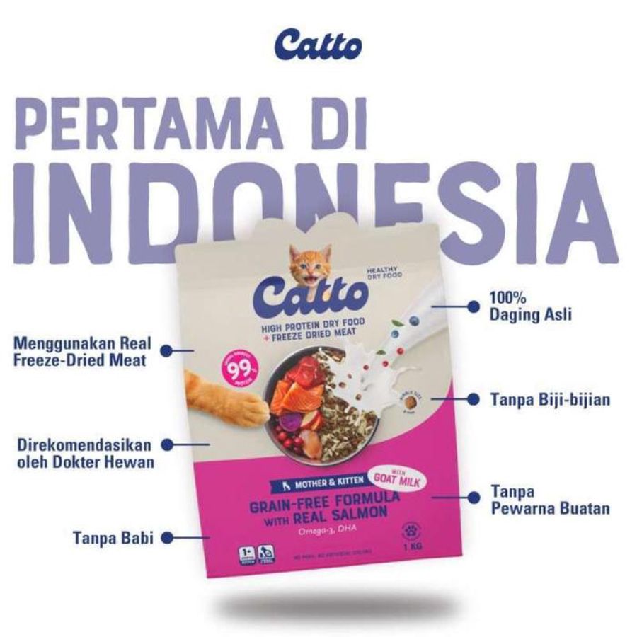 Catto Grain Free Salmon with Goat Milk Mother and Kitten Makanan Kucing Kering 400gram