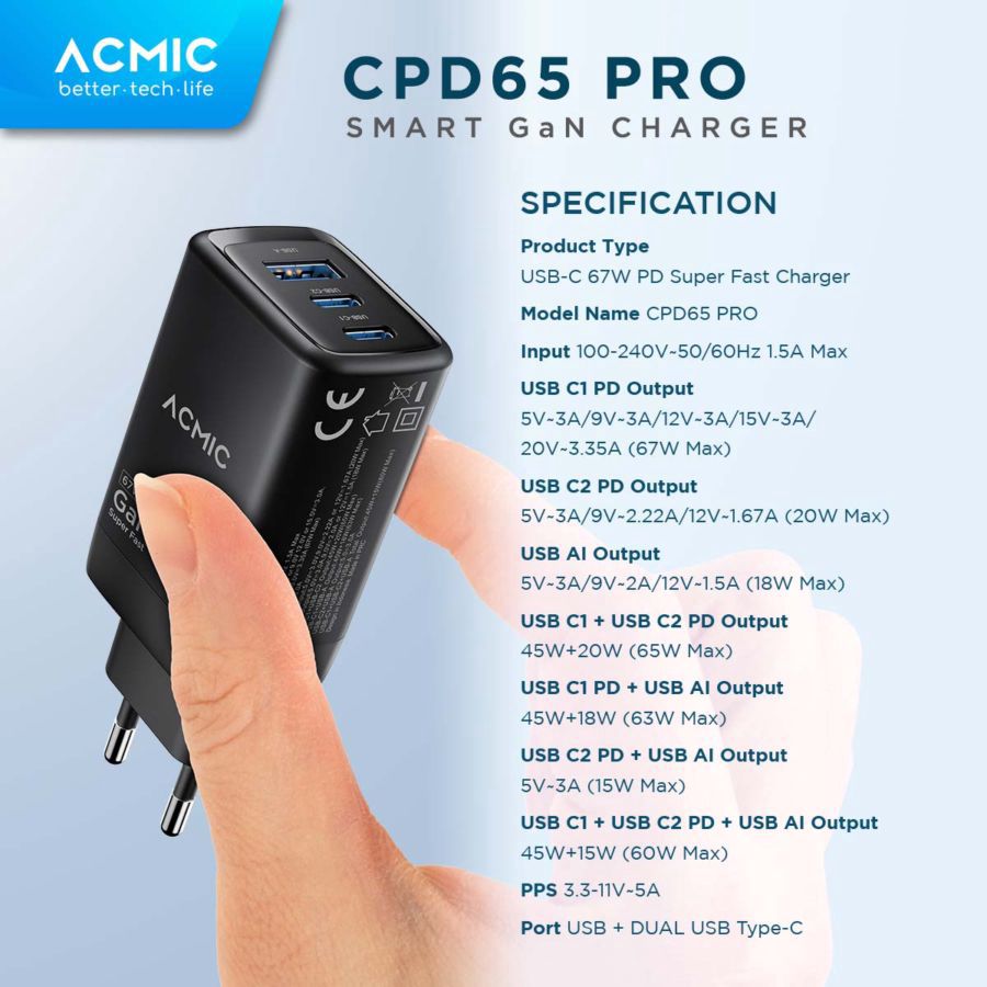 Acmic Charger Adaptor GaN Fast Charging 67 Watt CPD65 1pcs