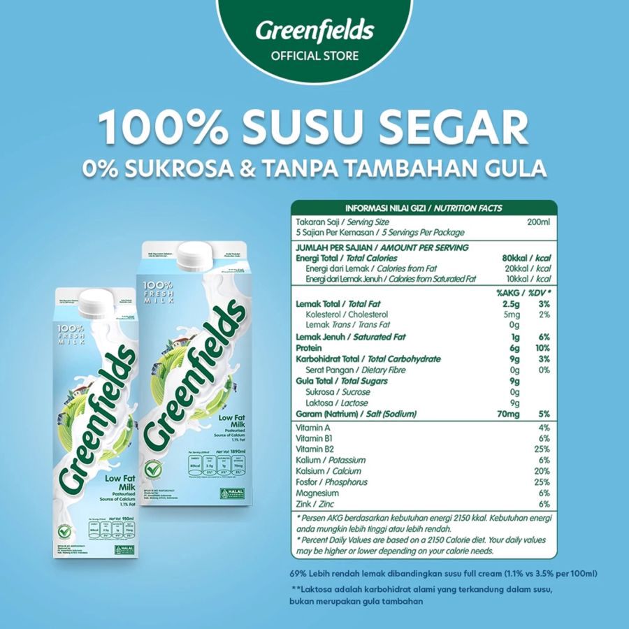 Greenfields Fresh Milk Low Fat 950ml