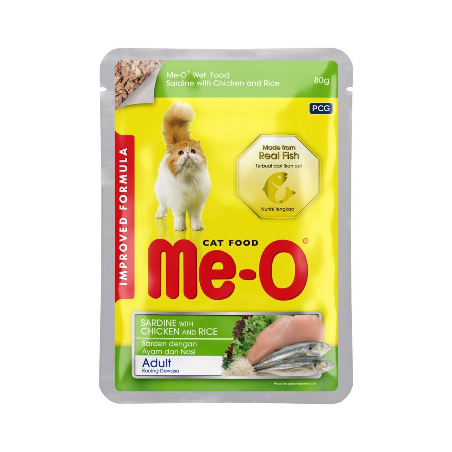 Me-O Sardine, Chicken & Rice Adult Makanan Kucing Pouch 80gram