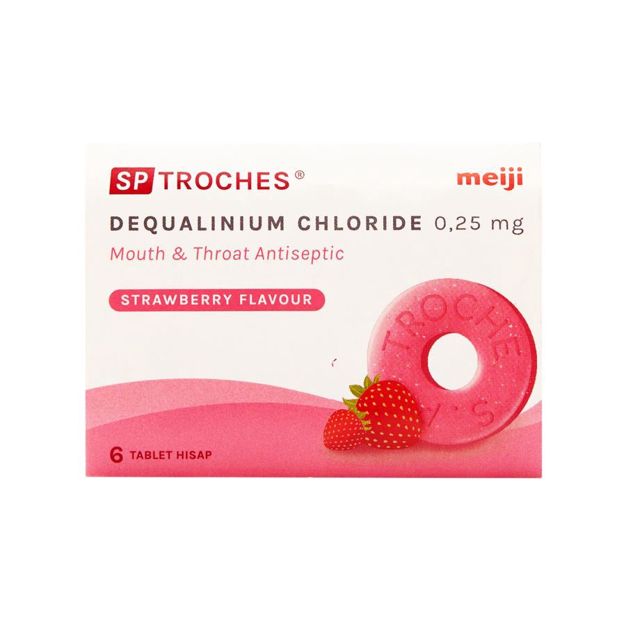 SP Troches Meiji Strawberry Permen Hisap Pereda Sakit Tenggorokan 6tablet
