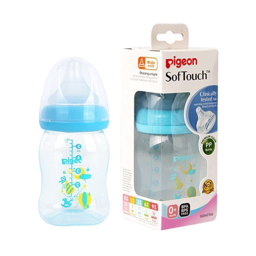 Pigeon Bottle PP Wide Neck W P-Plus Nipple Clear Blue