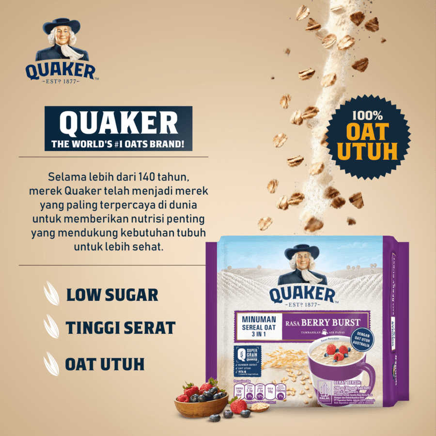 Quaker 3in1 Berry Burst Minuman Sereal Oat (28gr x 8 sachet) 240gram