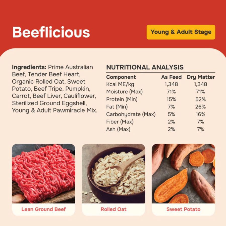 Pawmeals Young & Adult Beeflicious Cooked Makanan Anjing Basah 500gram