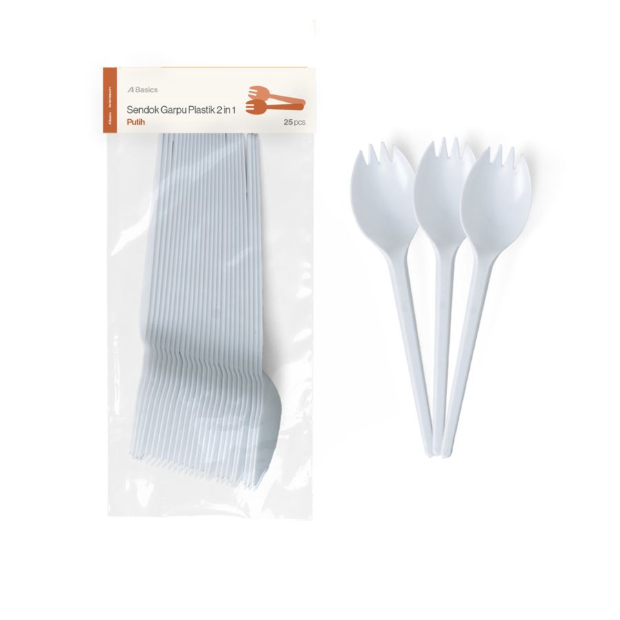 Sendok Garpu Plastik 2in1 Putih A Basics 25pcs