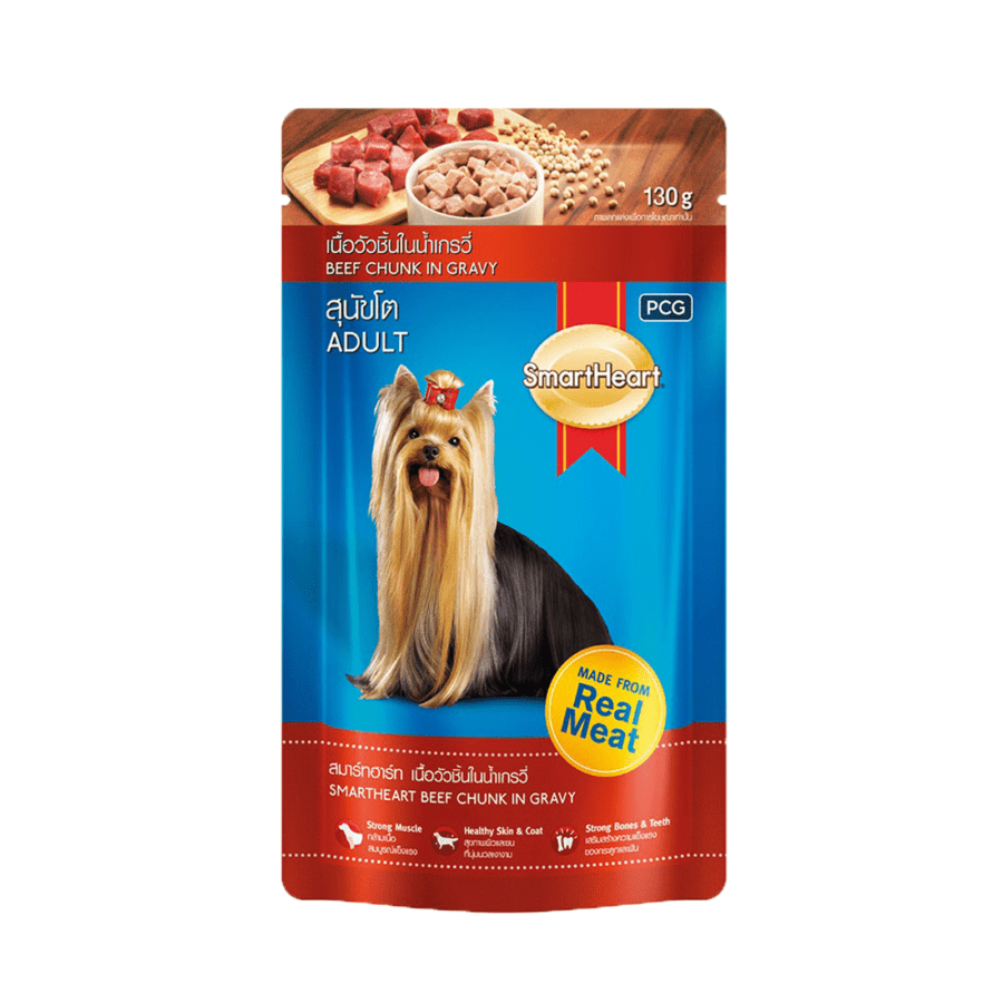 SmartHeart Beef Chunk In Gravy Adult Makanan Anjing Pouch 130gram