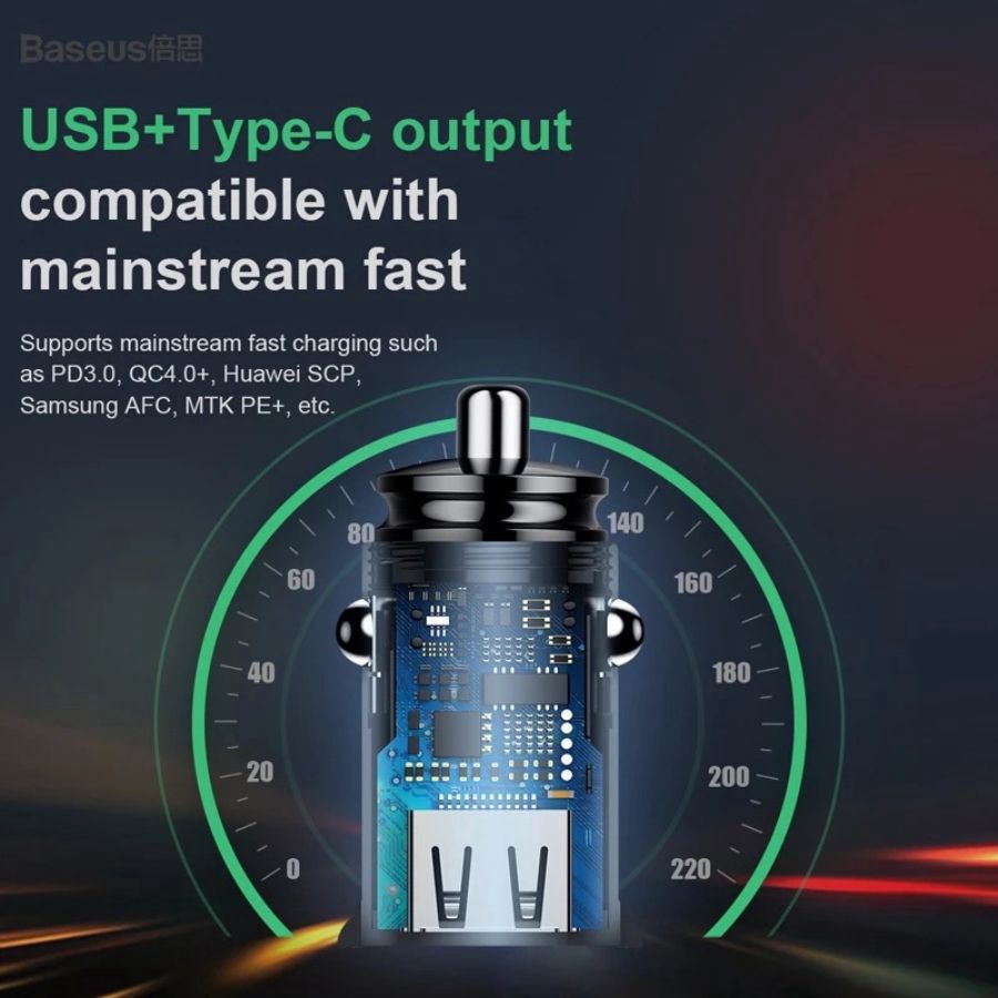 Baseus Circular Plastic USB Type A & C 30W PPS Car Charger Lighter Adaptor Black 1pcs