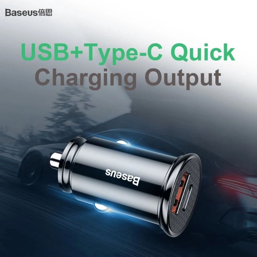 Baseus Circular Plastic USB Type A & C 30W PPS Car Charger Lighter Adaptor Black 1pcs