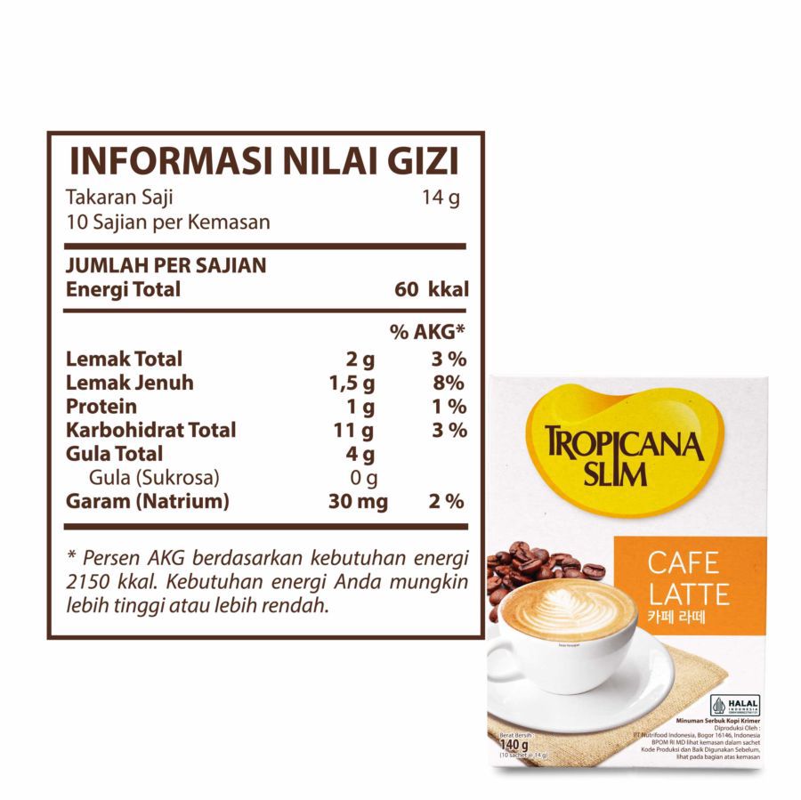Tropicana Slim Cafe Latte Sugar Free 3in1 Kopi Bubuk Box 10 sachets x 14 gram 140gram