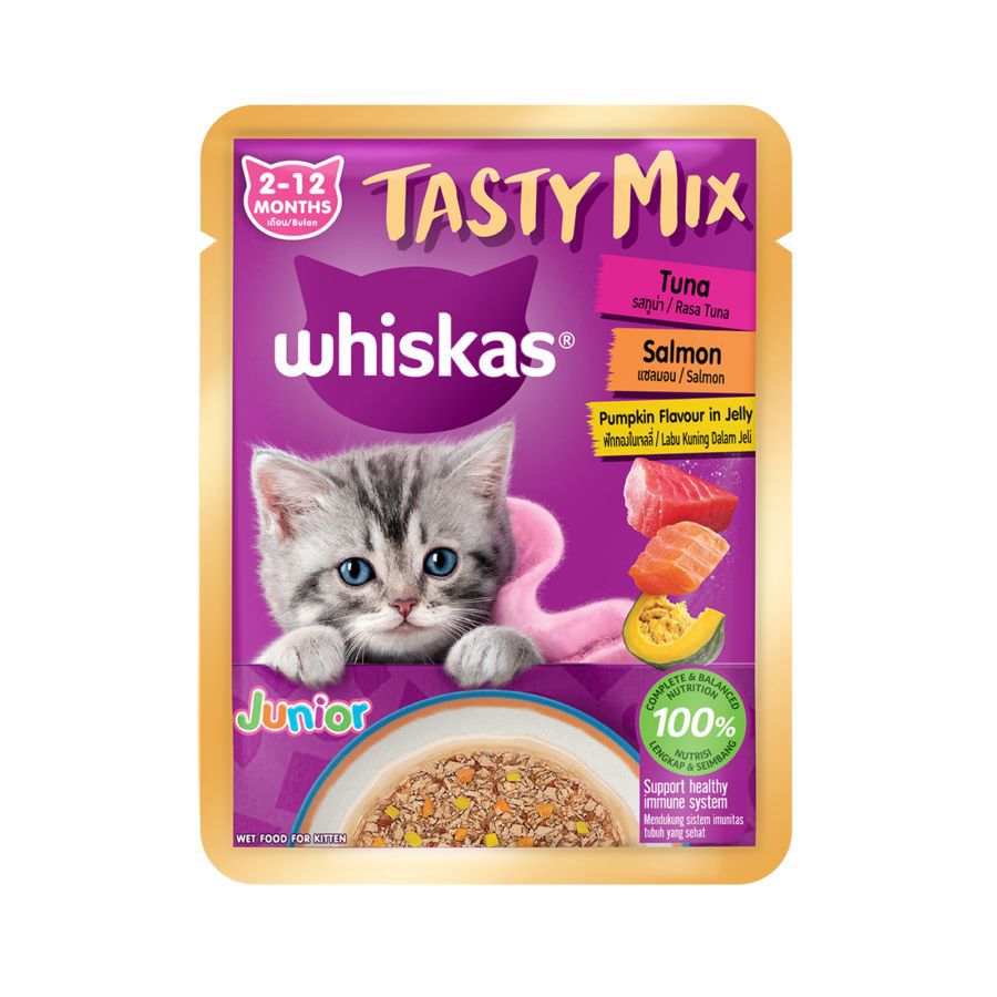 Whiskas Tasty Mix Tuna Salmon Junior Makanan Kucing Basah Pouch 70gram