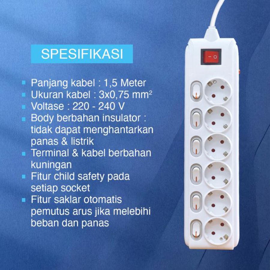 Kenmaster Stop Kontak F-66 Switch 6 Lubang 1.5 Meter STKA105 1pcs