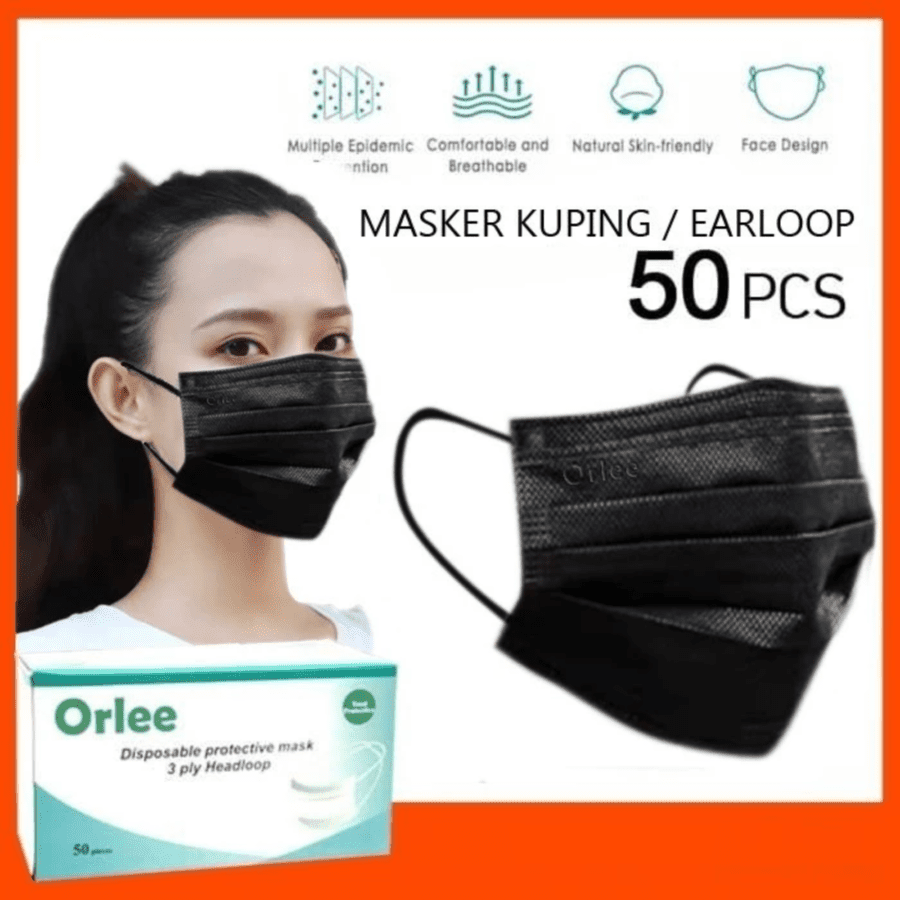 Orlee Hitam 3 Ply Disposable Masker 1 Box