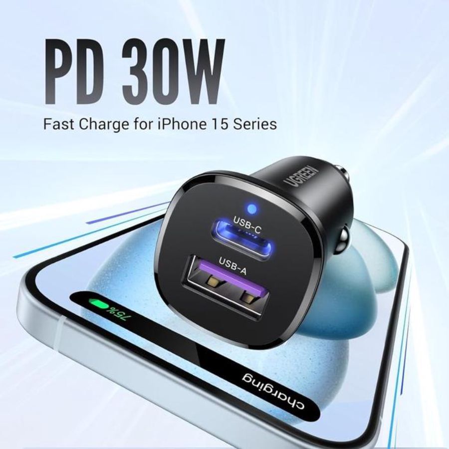 Ugreen Car Charger Adapter 30 Watt Black 25845 1pcs