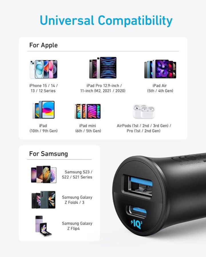 Anker Car Charger 30 W 2 Ports Type A & C Black 1 pcs