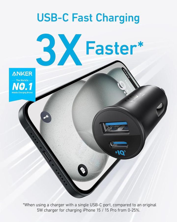Anker Car Charger 30 W 2 Ports Type A & C Black 1 pcs